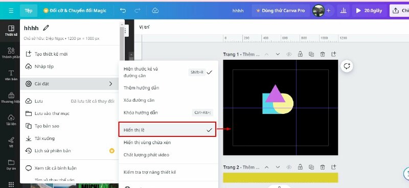 Khi bạn chọn Hiển thị lề thì đường viền dạng nét đứt sẽ xuất hiện trên trang thiết kế. Chỉnh sửa thiết kế của bạn và giữ các thành phần quan trọng bên trong lề để đảm bảo rằng các thành phần thiết kế quan trọng không bị cắt khi in. Và để tắt thì bạn chỉ cần bấm vào đây thêm 1 lần nữa là được.