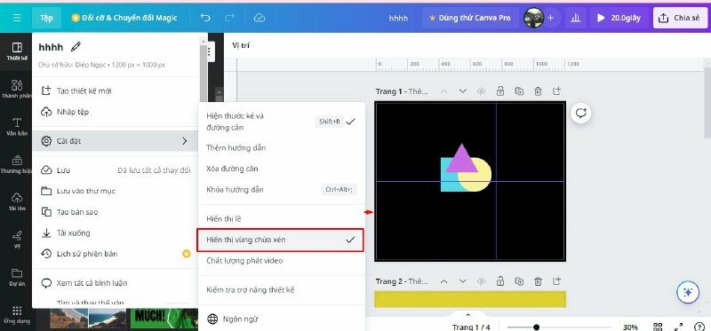 Khi chọn Hiển thị vùng chừa xén, thì đường viền gồm các đường nét đứt, sẽ xuất hiện sát các cạnh của thiết kế. Mức chênh lệch này được cố định dựa trên các tiêu chuẩn sản xuất in và không thể điều chỉnh. Và để tắt thì bạn chỉ cần bấm vào đây thêm 1 lần nữa là được.