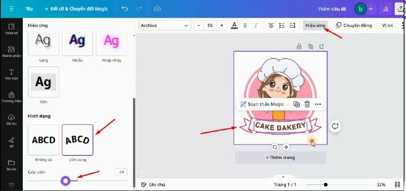 Sau đó vào hiệu ứng, kéo xuống phần hình dạng, chọn uốn cong, và kéo điều chỉnh góc uốn tại đây, sao cho phù hợp.