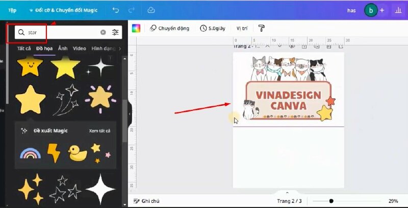 Tiếp theo hãy vào mục thành phần và gõ tìm các từ khóa để trang trí. Ví dụ: cute, cat, dog, heart, star, twinkle, ...