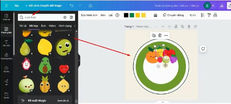 Nếu các bạn muốn chọn những hình cute như vậy thì các bạn hãy thêm từ cute phía trước từ khóa tìm kiếm "cute fruit". Sau đó hãy chọn những hình trái cây mà bạn thích để thềm vào thiết kế. 