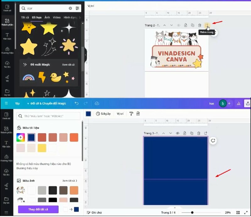 Bấm vào tạo thêm 1 trang mới. Đổi tạm thời màu nền thiết kế. Rồi bấm vào Tải lên tấm ảnh vừa tải xuống.