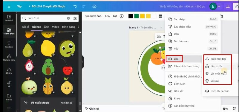 Nếu như bạn muốn cho quả nào lùi về phía sau thì bạn hãy nhấn chuột phải, chọn lớp, rồi chọn lùi một lớp, còn muốn đưa lên phía trước thì hãy nhấn tiến 1 lớp.