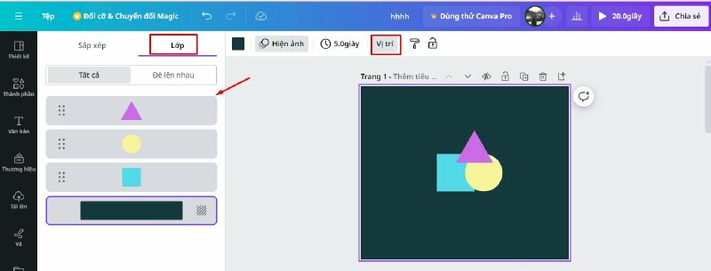 Để chỉnh thứ tự xuất hiện trên Canva bạn hãy bấm vào mục vị trí. Giả sửa mình có một trang thiết kế như thế này, khi bấm vào Vị trí, bạn sẽ thấy phần lớp, ở đây sẽ hiển thị các lớp trên trang hiện tại. Ở đây bạn có thể điều chỉnh lớp bằng cách nhấp và giữ một lớp, rồi kéo lớp đó lên hoặc xuống.