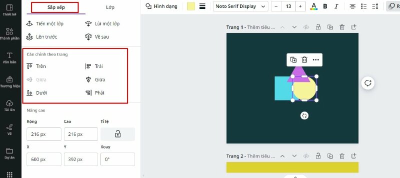 Bên này là phần sắp xếp. Bạn có thể sắp xếp căn chỉnh một thành phần thiết kế theo trang, hoặc theo thành phần.