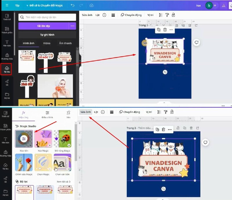 Bấm thêm ảnh vào thiết kế > Bấm sửa ảnh > Chọn xóa nền. Rồi kéo xuống, bấm vào hiệu ứng đổ bóng, chọn hiệu này. 