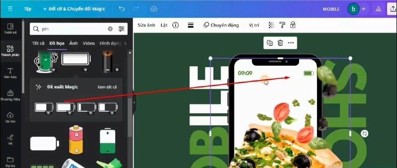 Tiếp theo vào mục Thành phần, tìm kiếm từ khóa "pin", bấm qua mục Đồ họa, chọn mẫu thêm vào thiết kế, thực kéo điều chỉnh như thế này.