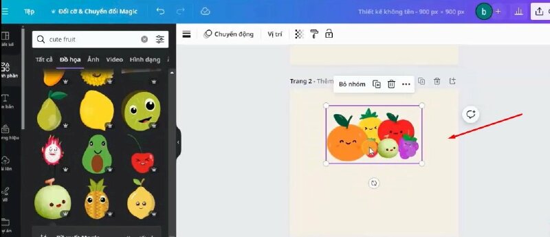 Tiếp đến mình sẽ nhấn phím shift và chọn tất cả các quả. Rồi chọn nhóm để nhóm tất cả chúng vào 1 nhóm. Sau đó sẽ nhấn thêm 1 trang mới. Rồi copy nhóm quả này xuống trang mới.