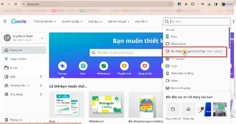 Cuối cùng mình sẽ hướng dẫn bạn cách tạo poster quảng cáo với mockups vừa tạo ở trên. Đầu tiên bạn hãy quay lại trang chủ Canva, rồi chọn tạo thiết kế với kích thước 1080 x 1080 px. 