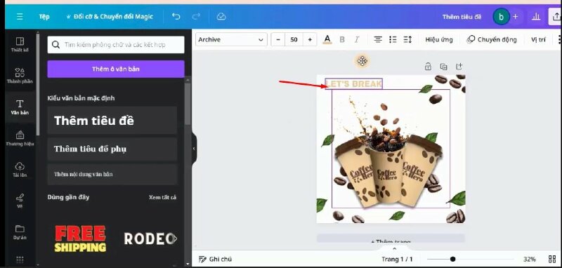 Tiếp theo mình sẽ bấm vào Văn bản > chọn Thêm tiêu đề, thực hiện nhập văn bản vào và điều chỉnh như sau: