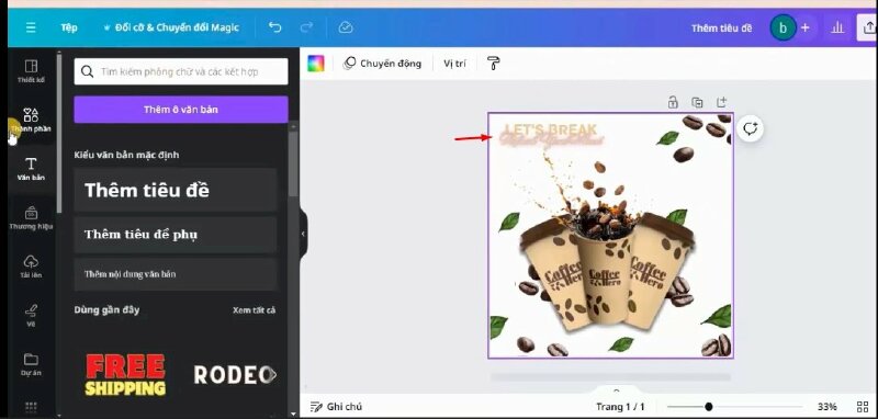 Tiếp theo mình sẽ bấm vào Văn bản > chọn Thêm tiêu đề, thực hiện nhập văn bản vào và điều chỉnh như sau: