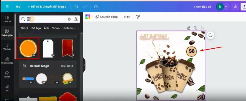Tiếp đến mình sẽ vào mục thành phần và tìm kiếm từ khóa "tag", chọn hình này để thêm vào thiết kế và thực hiện điều rồi sẽ thêm giá sản phẩm vào.