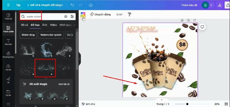 Sau đó mình sẽ vào mục thành phần và tìm kiếm từ khóa "water splash", chọn mẫu thêm vào thiết kế và thực hiện điều chỉnh như sau. 