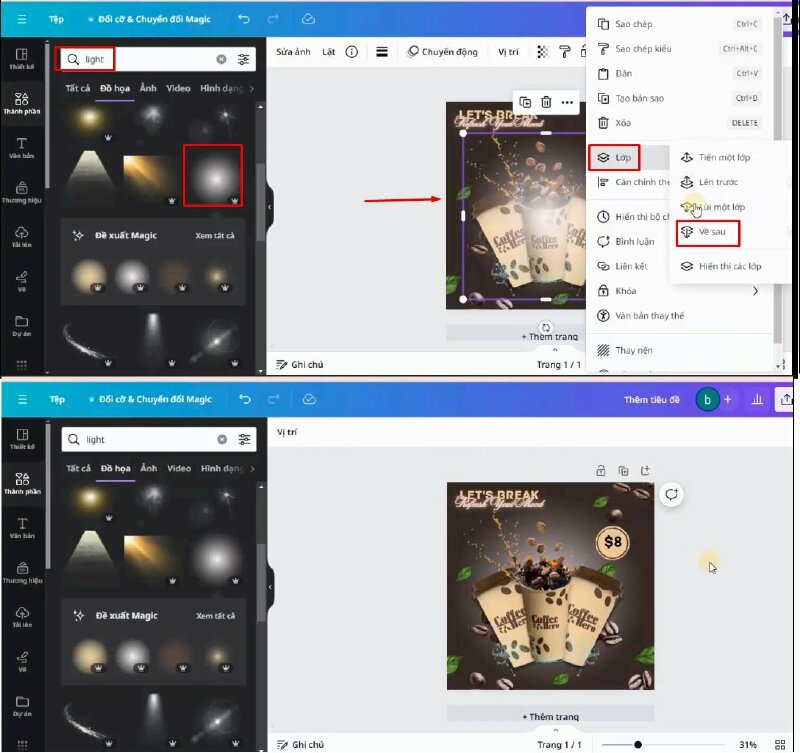 Cuối cùng sẽ tìm kiếm từ khóa "light", chọn hình này để thêm vào thiết kế và thực hiện điều chỉnh.