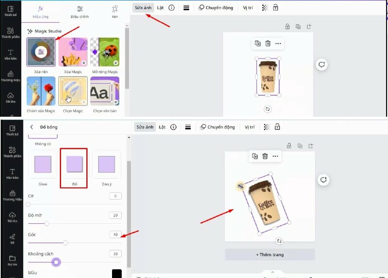 Chọn thêm hình vào thiết kế, bấm sửa ảnh, chọn xóa nền. Kéo xuống phần Hiệu ứng > chọn Đổ bóng > Chọn hiệu ứng Đổ.