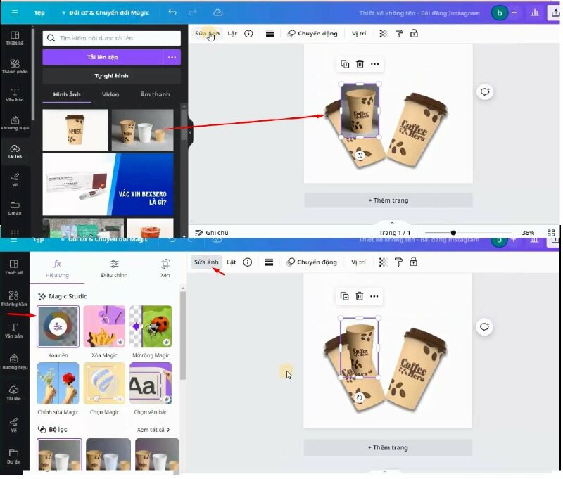 Tiếp đến bấm thêm hình ly cà phê này vào thiết kế, cắt hình ảnh nhỏ lại, bấm vào sửa ảnh, chọn xóa nền.