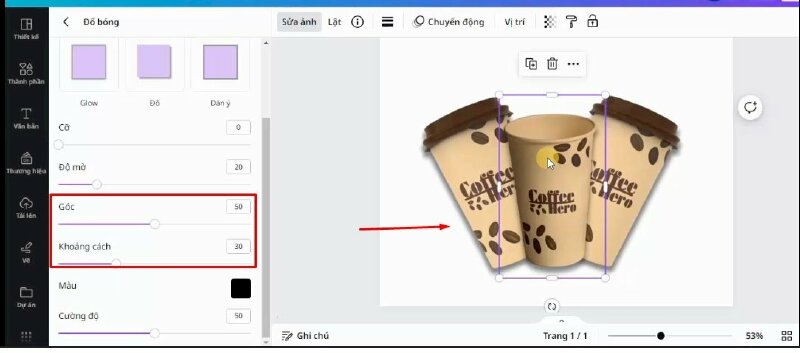 Kéo xuống phần Hiệu ứng > chọn Đổ bóng > Chọn hiệu ứng Đổ. rồi điều chỉnh góc đổ bóng 50 và khoảng cách 35. Sau đó kéo điều chỉnh như thế này.