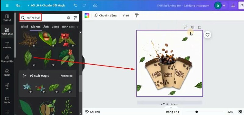 Bây giờ hãy vào mục thành phần và tìm kiếm từ khóa "coffee leaf". Bấm qua mục đồ họa. Thêm hình lá cà phê này vào thiết kế và thực hiện điều chỉnh như sau: