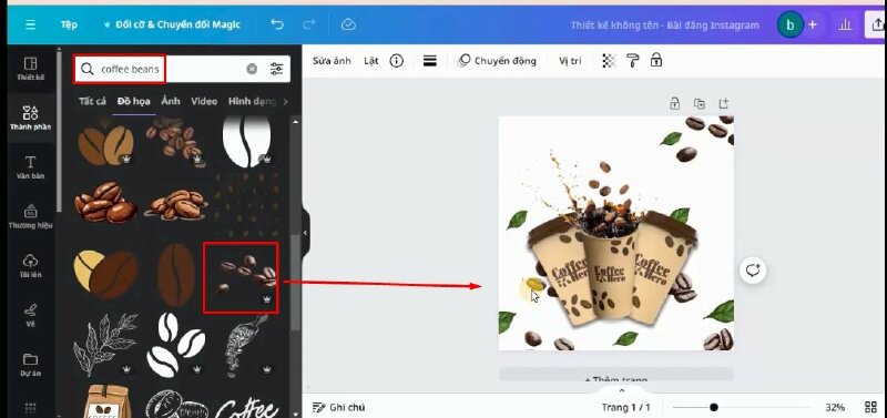 Tiếp đến mình sẽ tìm kiếm từ khóa "coffee beans", chọn hình này để thêm vào thiết kế và thực hiện điều chỉnh như sau.