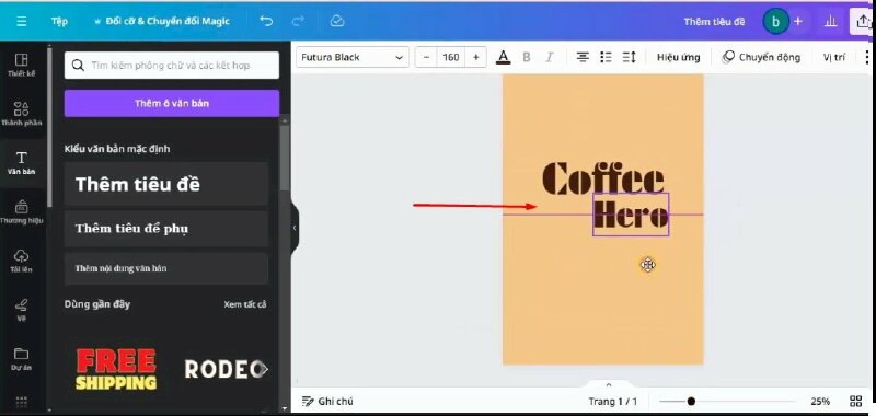 Tiếp theo mình sẽ bấm vào Văn bản > chọn Thêm tiêu đề, thực hiện nhập văn bản vào, thực hiện đổi phông chữ, đổi cỡ chữ, đổi màu chữ như sau:
