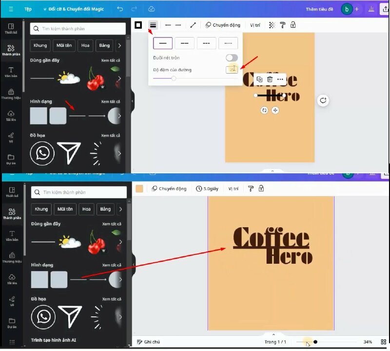 Tiếp đến vào mục Thành phần chọn đường kẻ thêm vào thiết kế. Tăng độ đậm của đường lên 25, đổi màu đường kẻ thành màu này #3F1C12.