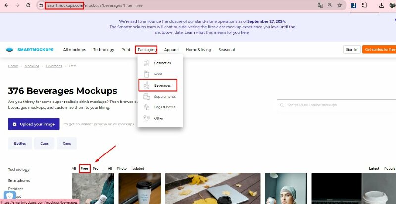 Bạn hãy truy cập vào trang web smartmockups.com. Di chuột vào mục Packaging > Chọn Beverages > Bấm qua mục Free > Bấm chọn mẫu ly