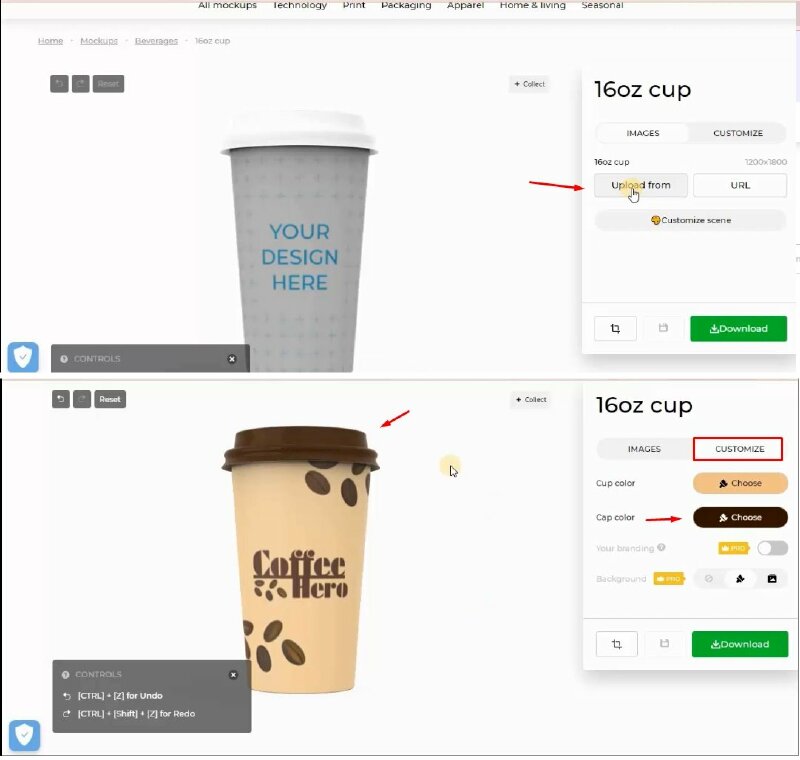 Bấm vào Upload và chọn hình mẫu thiết kế bao bì cà phê đã thiết kế để tải lên. Bấm qua Customize đổi màu nắp ly cà phê. 