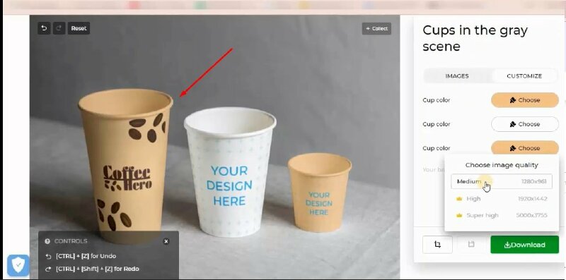 Mình sẽ tiếp tục tạo mockup cho trên mẫu ly này, tiếp tục thực hiện tải mẫu thiết kế lên. Rồi sẽ bấm tải nó xuống. 