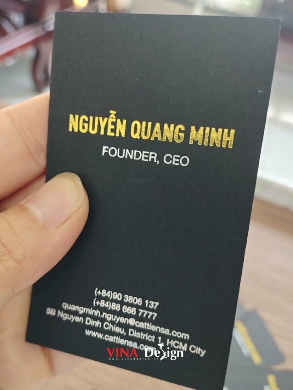 In card visit Founder CEO công ty, card visit giấy mỹ thuật đen ép nhũ vàng bạc - VND527