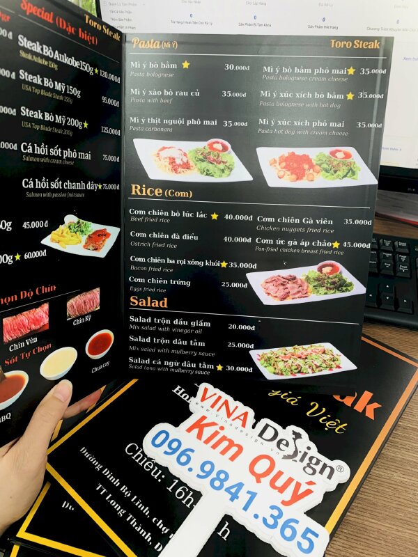 Làm menu nhà hàng bít tết, in menu dán gói PP cán format - VND542