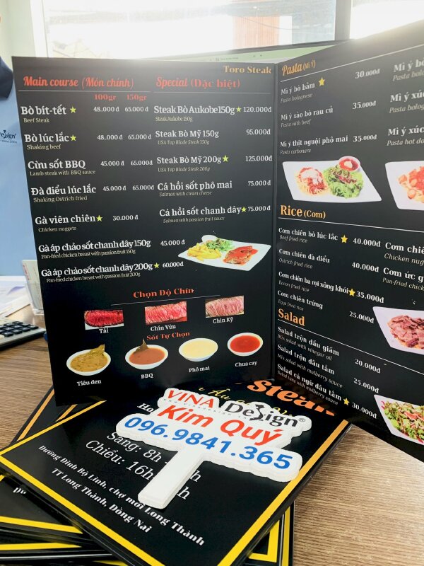 Làm menu nhà hàng bít tết, in menu dán gói PP cán format - VND542