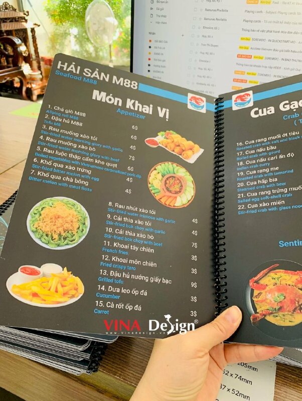 In menu nhà hàng hải sản Sea Food Restaurant, quyển menu nhựa gáy lò xo, hàng gửi từ TPHCM đi PhnomPenh, Campuchia - VND547