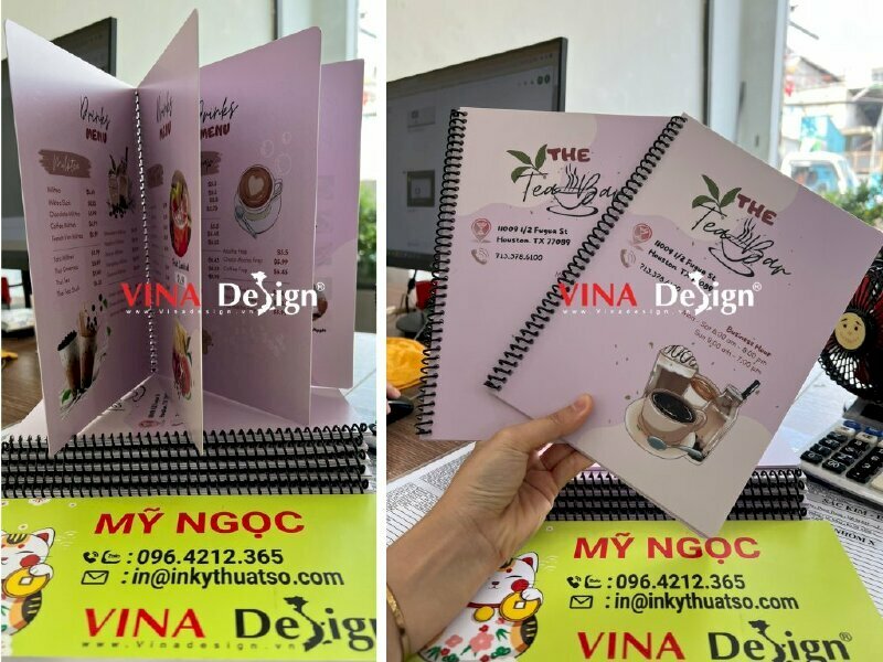In menu quán cà phê dạng cuốn