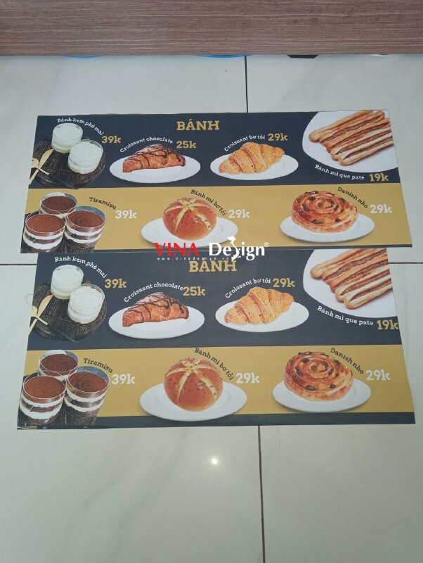 In bảng giá menu hình ảnh bánh ngọt dán tường, in hình Decal sữa  - VND621