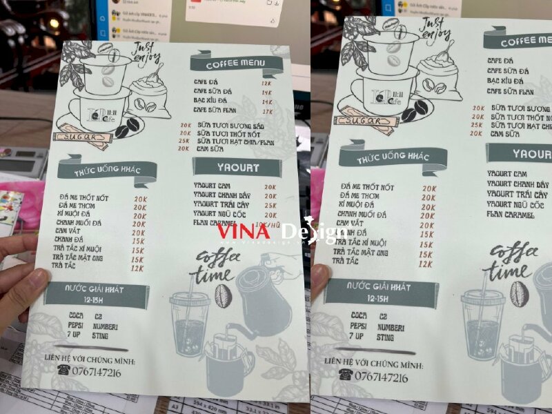 In menu quán cà phê
