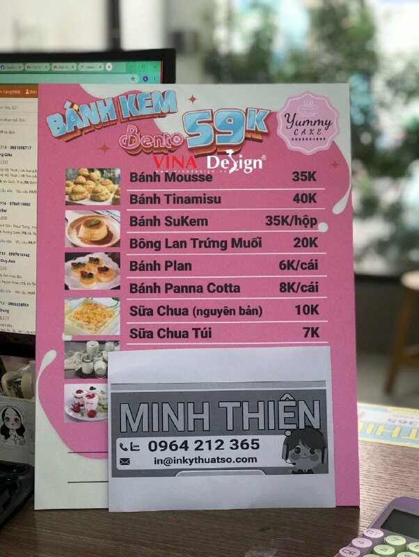 In menu tấm cầm tay cho tiệm bánh kem, menu format để quầy thu ngân - VND576