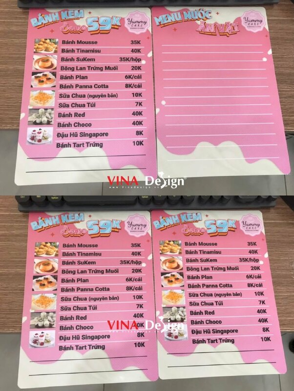 In menu thực đơn nhựa cứng cao cấp khổ A4 cho tiệm bánh kem - VND575