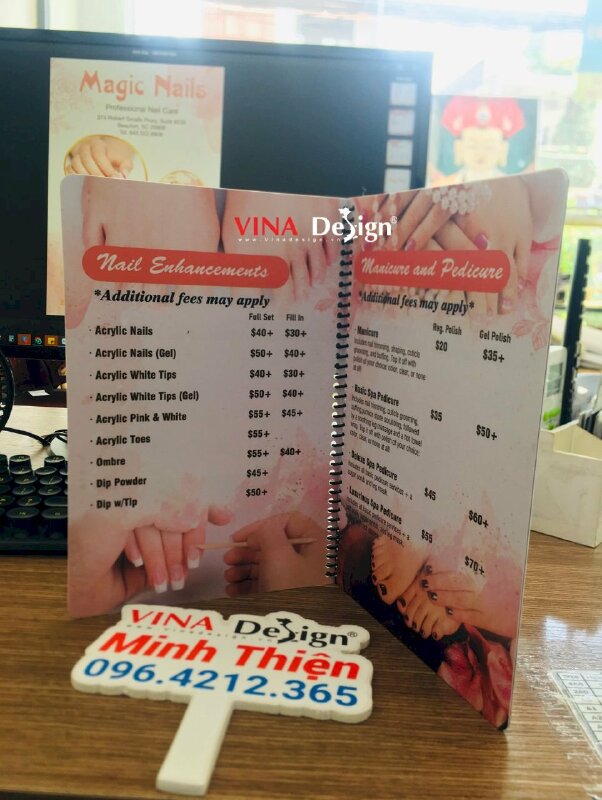 In menu tiệm Nails, menu nhựa PVC in 2 mặt, cán mờ, gáy lò xo, hàng gửi đi Mỹ từ TPHCM - VND586