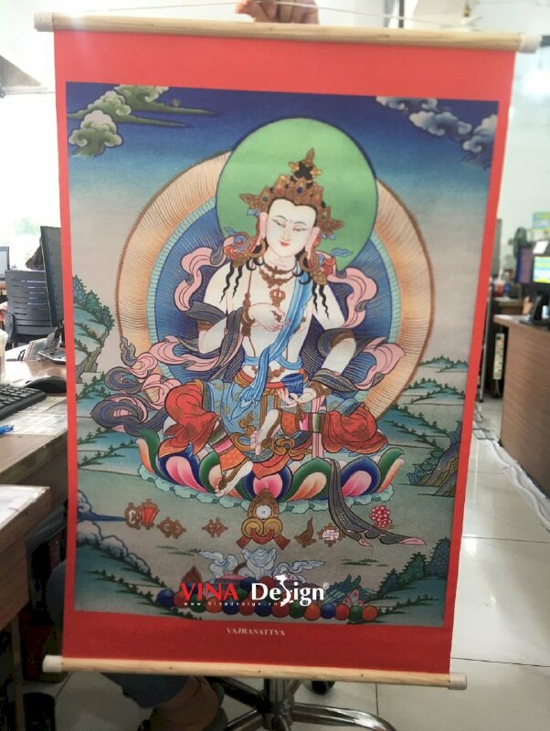 In tranh thờ Kim Cang Tát Đỏa Bồ Tát Vajrasattva, in trên vải bố Canvas nẹp gỗ 2 đầu - VND589