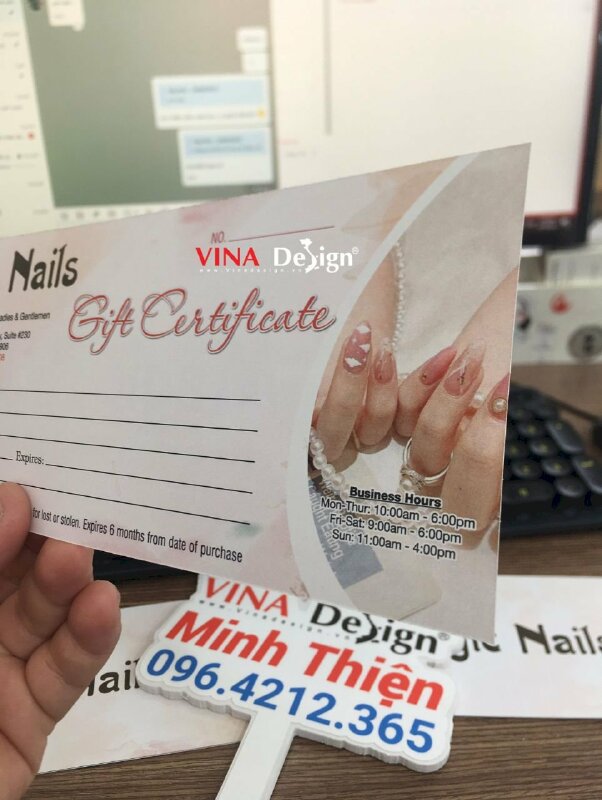 In Voucher số lượng ít, phiếu giấy Gift Certificate cho tiệm nails, hàng gửi đi Mỹ từ TPHCM - VND584