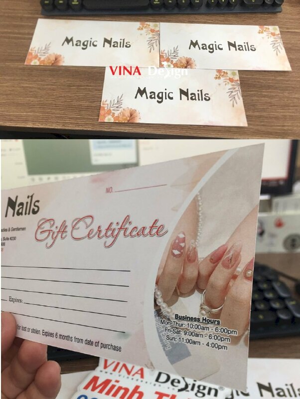 In Voucher số lượng ít, phiếu giấy Gift Certificate cho tiệm nails, hàng gửi đi Mỹ từ TPHCM - VND584