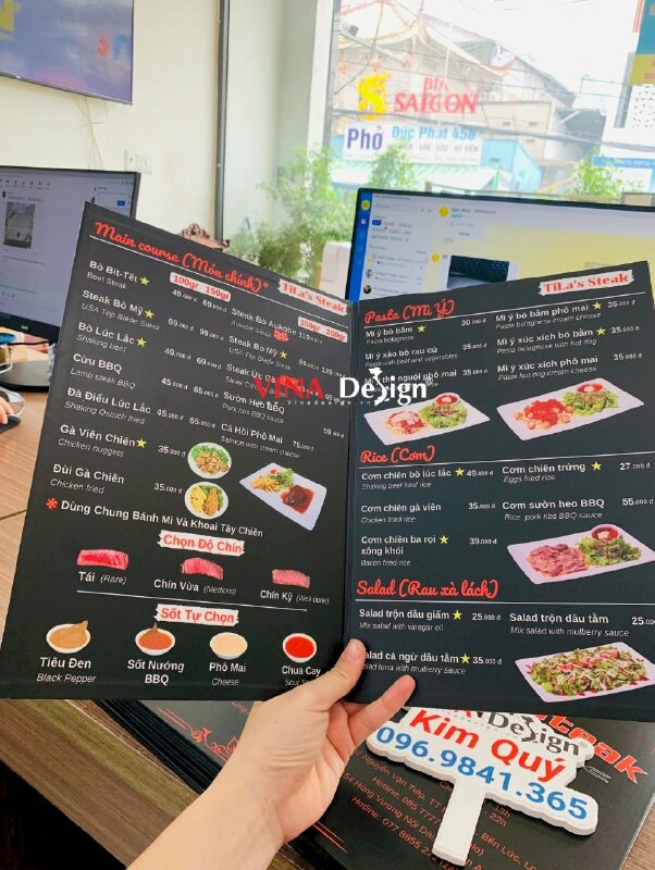 In menu quán beefsteak, in menu quán bò bít tết, quyển menu bảng giá từ Formex dán gói - VND635