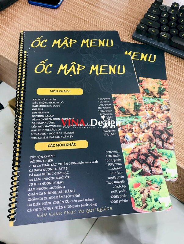 Làm menu quán ốc ngon dạng quyển menu nhựa chống nước, dày dặn, in sắc nét - VND643