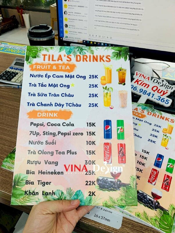 Menu đồ uống in trên chất liệu format, in menu A4 dạng tấm cầm tay tiện lợi - VND628