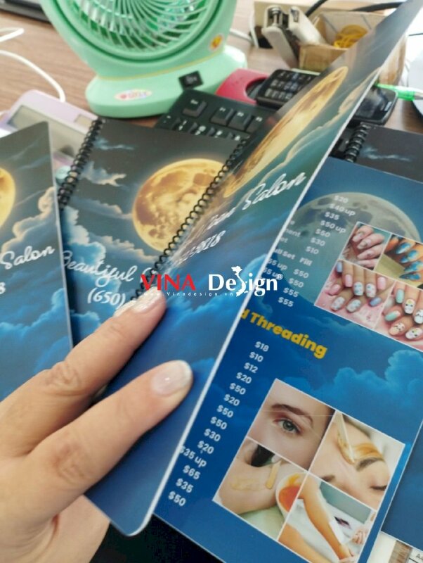 In menu nail spa salon làm đẹp, menu nhựa gáy lò xo, hàng gửi đi California Mỹ từ TPHCM - VND723