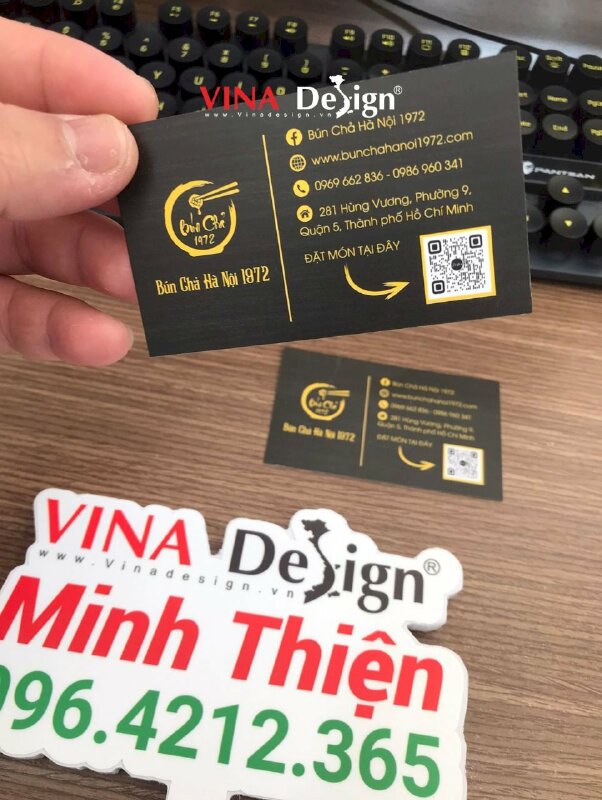 In name card quán bún chả Hà Nội, name card in ấn Offset có mã QR code đặt món, bản đồ đường đi mặt sau - VND710