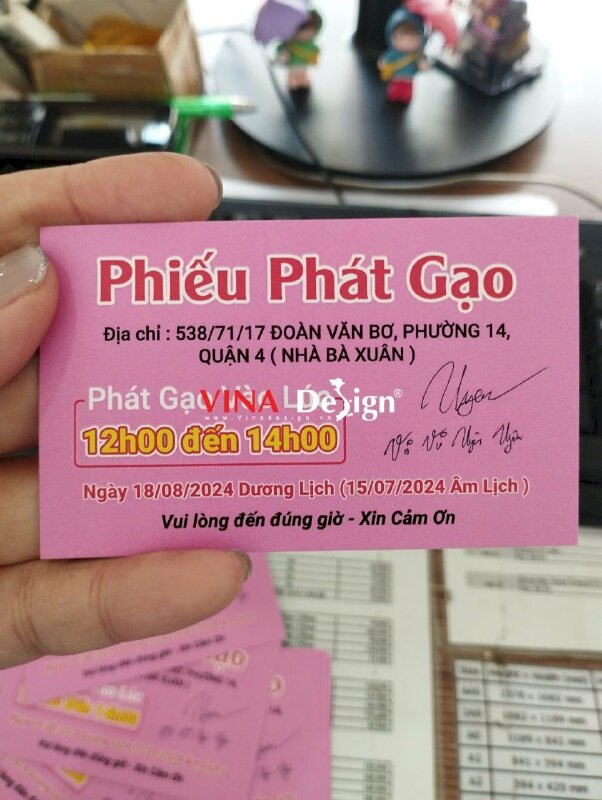 In phiếu phát gạo, phiếu giấy nhận quà từ thiện, in phun trên giấy Couche 1 mặt - VND724