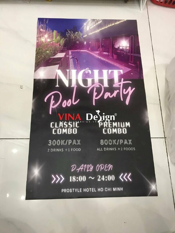 In PP cán mờ giá rẻ làm poster, banner dán kính giới thiệu sự kiện night pool party - VND726