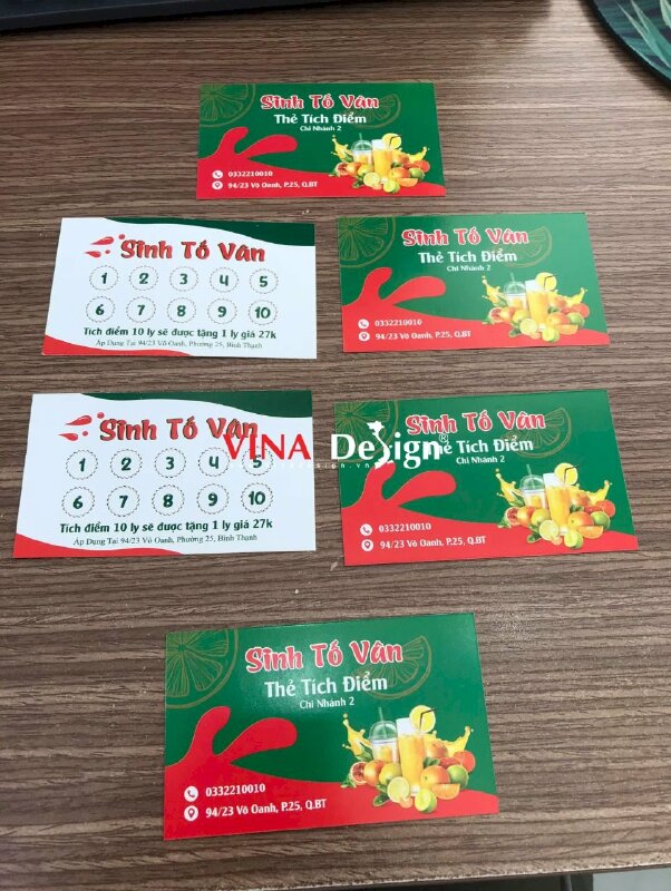 In thẻ tích điểm quán sinh tố in giấy C300gsm, in 2 mặt, không cán màng để check note - VND748