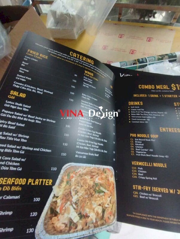 In menu nhà hàng Việt Nam tại Mỹ dạng cuốn catalog in giấy Couche đóng kim, hàng gửi đi Virginia từ TPHCM - VND802